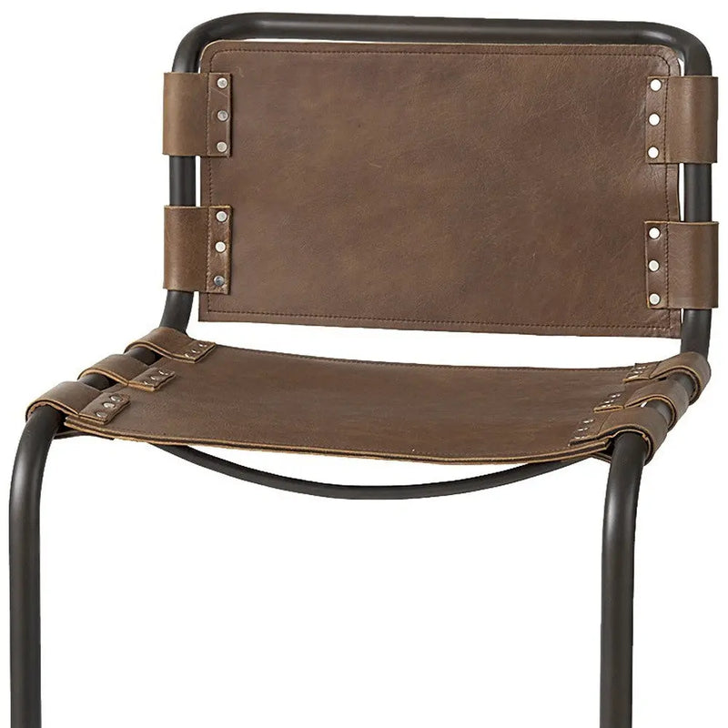 35" Brown and Black Leather and Metal Bar Chair Homeroots Living Room