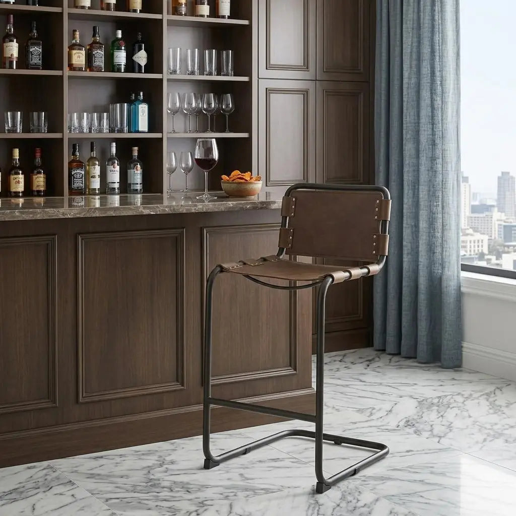 35" Brown and Black Leather and Metal Bar Chair Homeroots Living Room