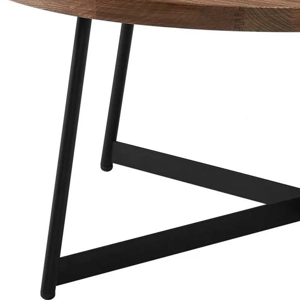 35" Brown and Black Wood And Metal Round Frame Coffee Table Homeroots Living Room