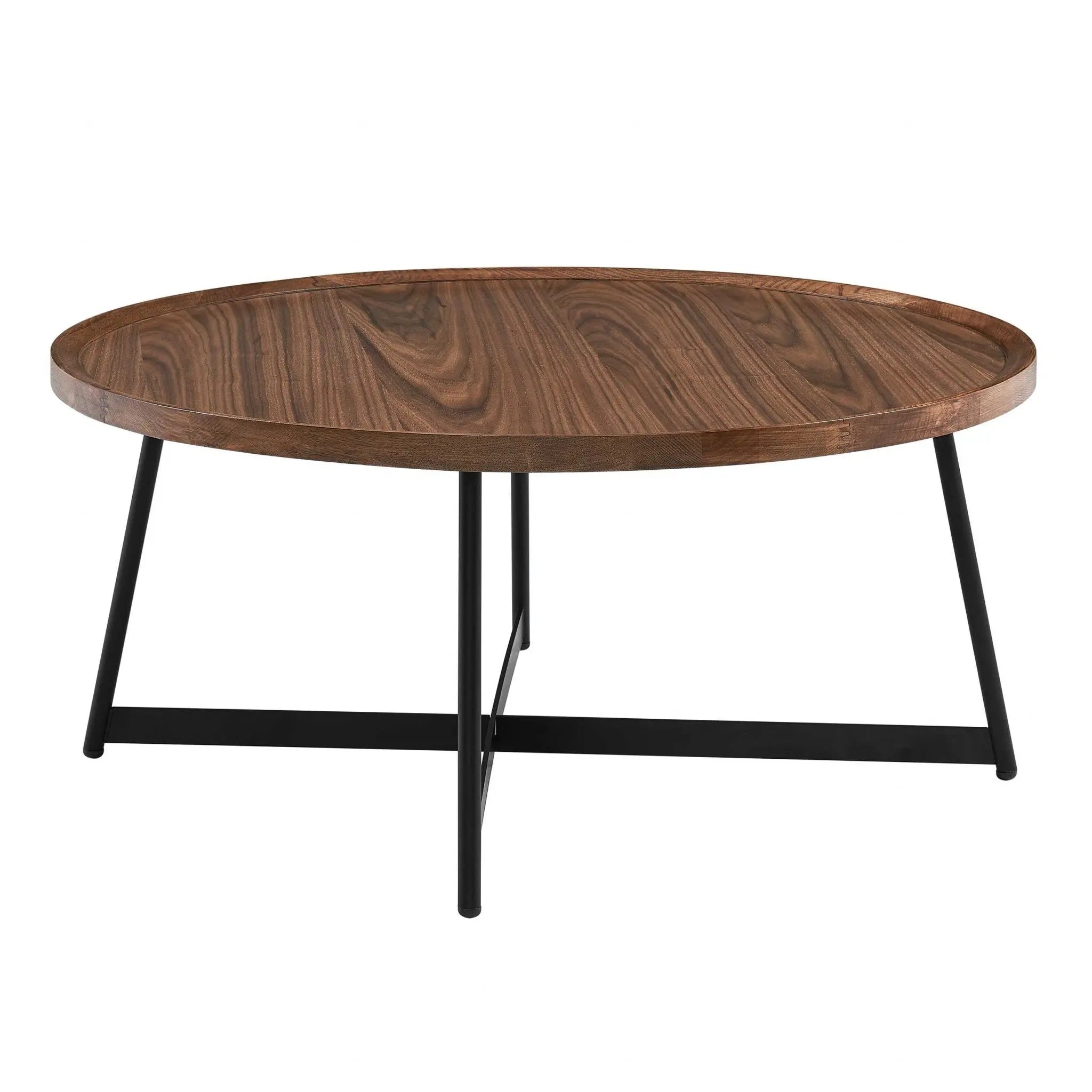 35" Brown and Black Wood And Metal Round Frame Coffee Table Homeroots Living Room