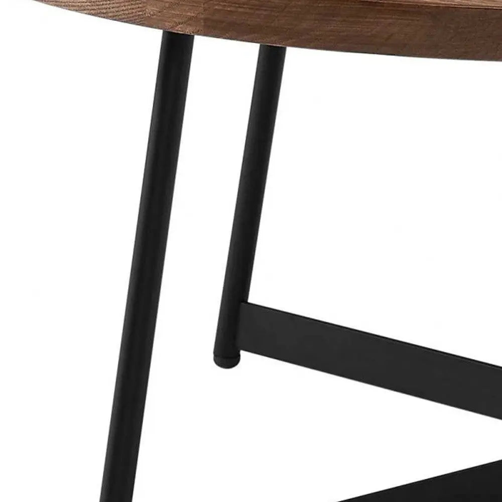 35" Brown and Black Wood And Metal Round Frame Coffee Table Homeroots Living Room
