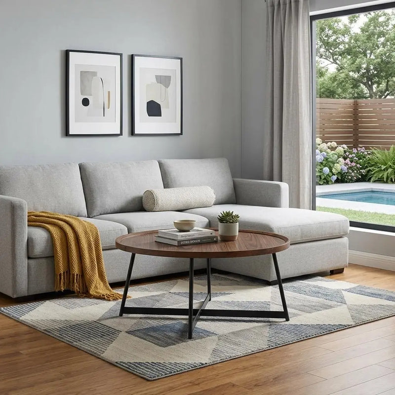 35" Brown and Black Wood And Metal Round Frame Coffee Table Homeroots Living Room