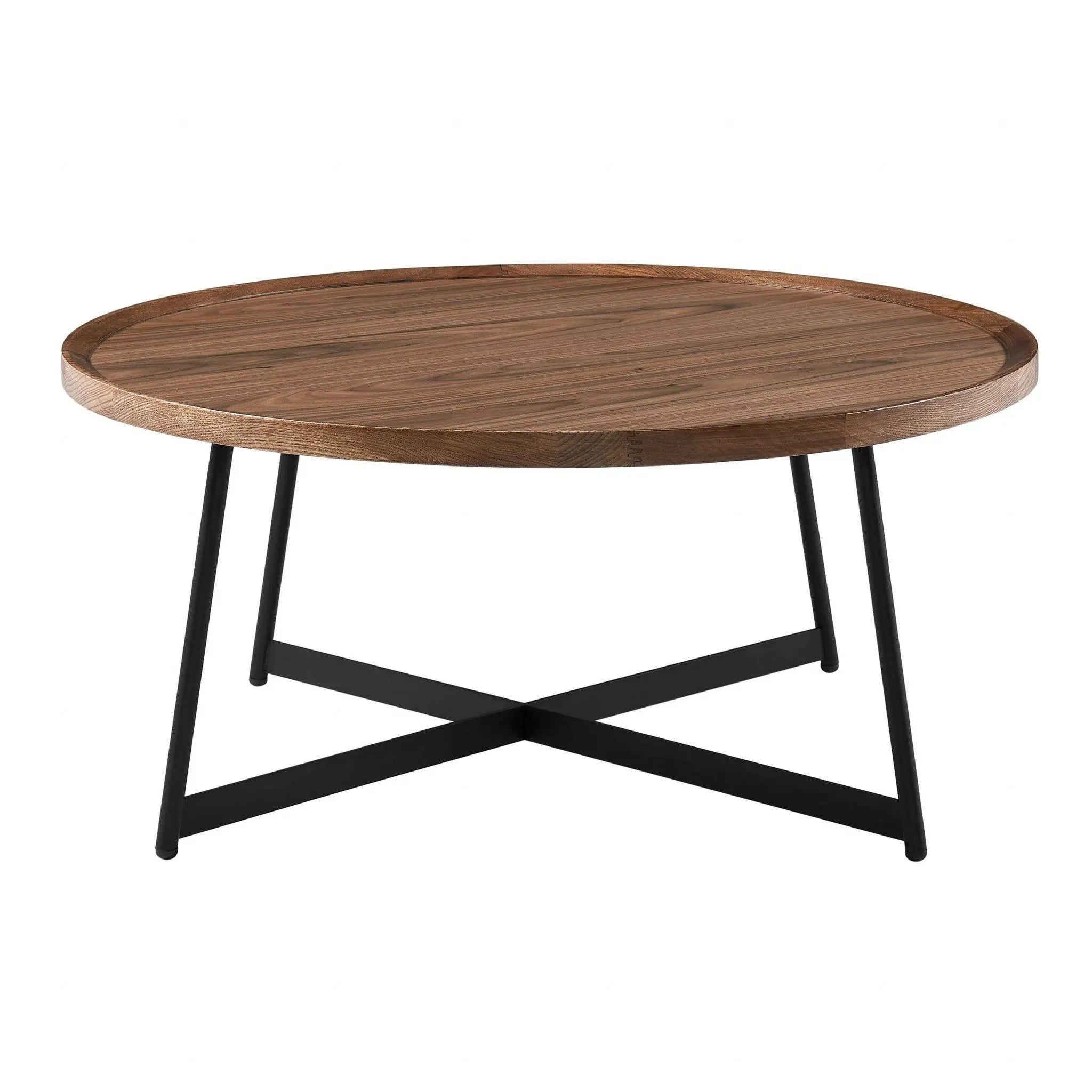 35" Brown and Black Wood And Metal Round Frame Coffee Table Homeroots Living Room