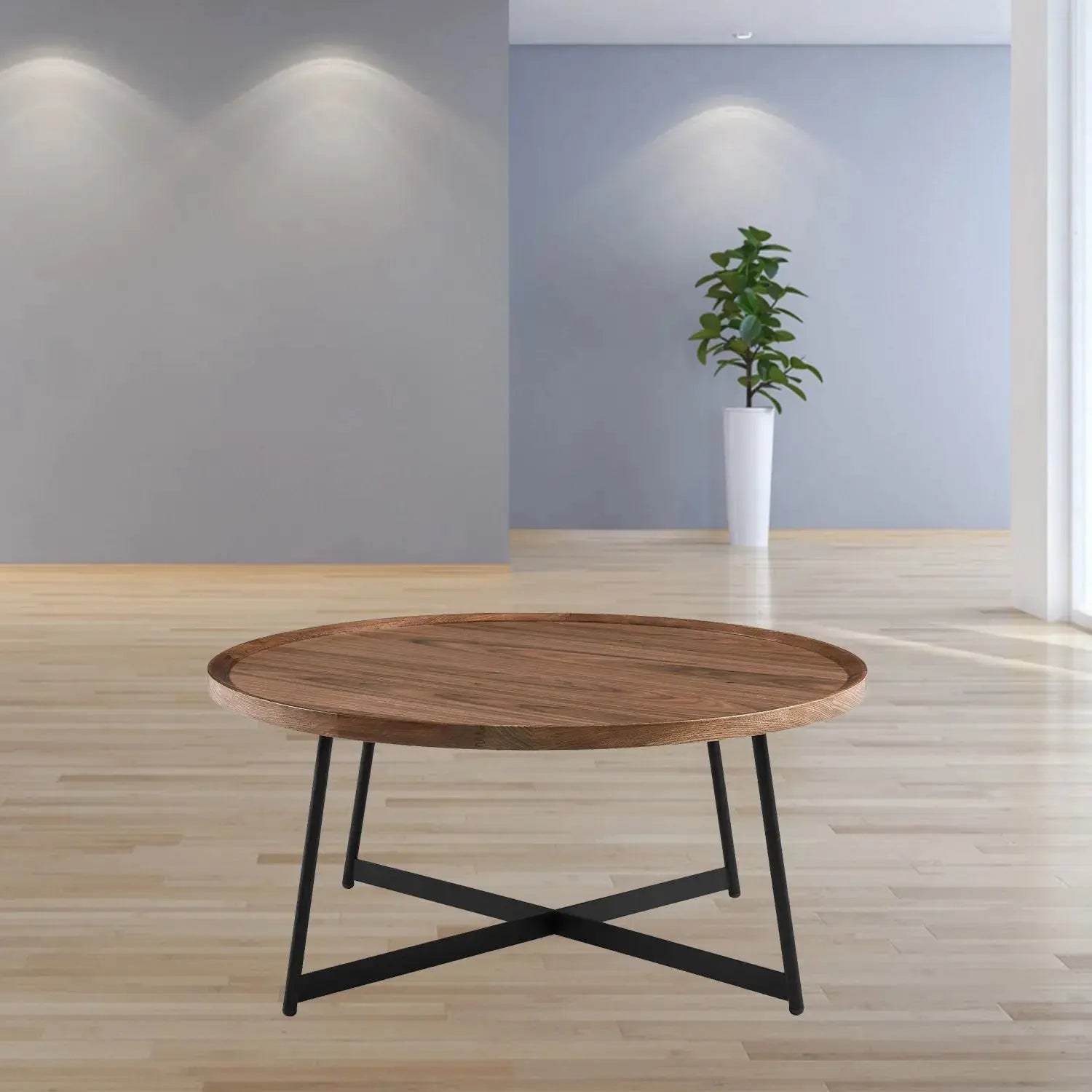 35" Brown and Black Wood And Metal Round Frame Coffee Table Homeroots Living Room