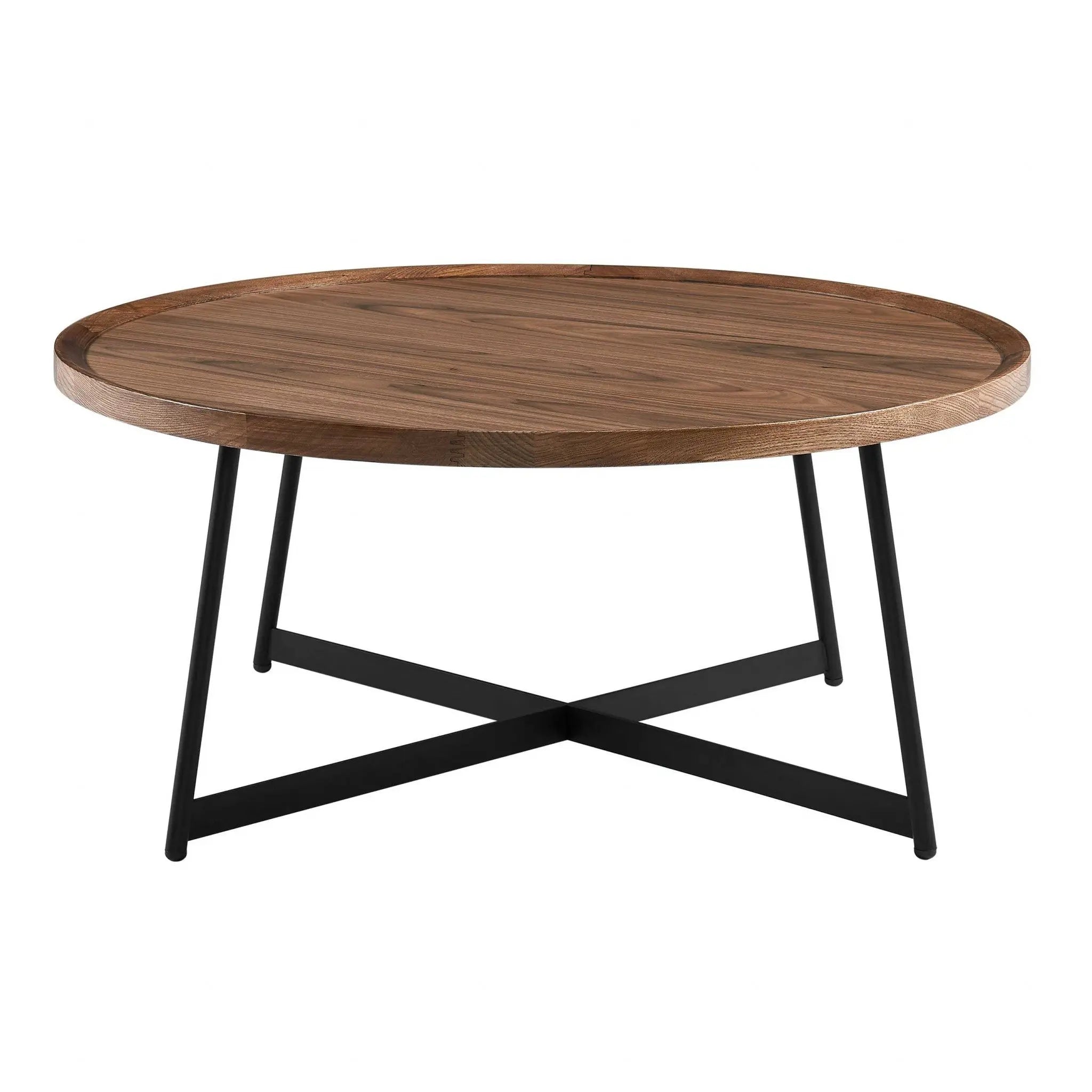 35" Brown and Black Wood And Metal Round Frame Coffee Table Homeroots Living Room