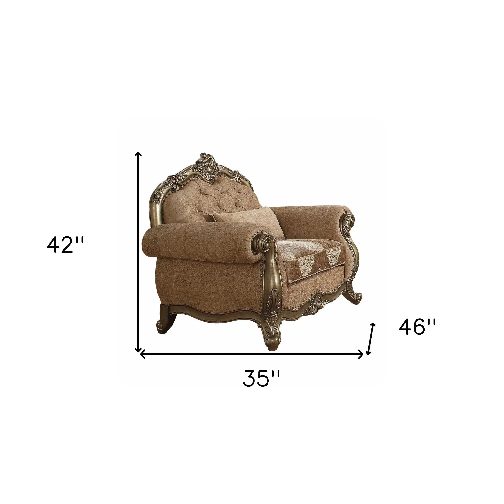 35" Brown and Champagne Linen Damask Tufted Arm Chair And Toss Pillow Homeroots Living Room