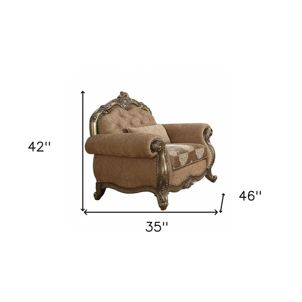 35" Brown and Champagne Linen Damask Tufted Arm Chair And Toss Pillow Homeroots Living Room