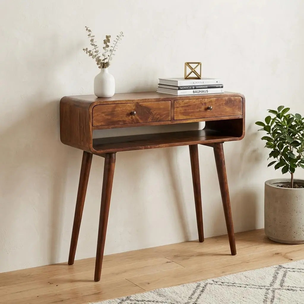 35" Chestnut Solid Wood Console Table With Shelf And Two Drawers Homeroots Living Room