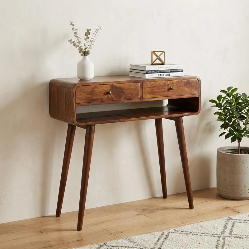 35" Chestnut Solid Wood Console Table With Shelf And Two Drawers Homeroots Living Room
