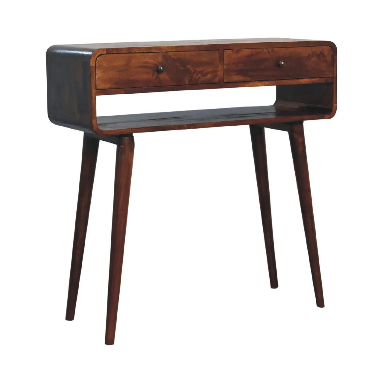 35" Chestnut Solid Wood Console Table With Shelf And Two Drawers Homeroots Living Room