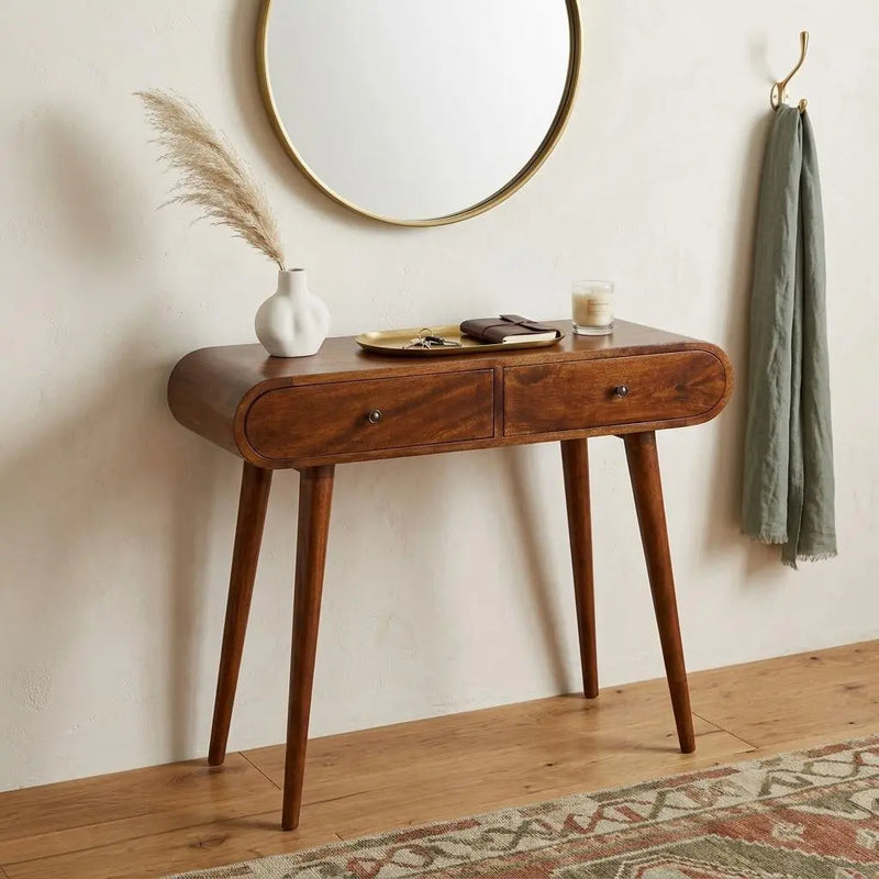 35" Chestnut Solid Wood Console Table With Two Drawers Homeroots Living Room