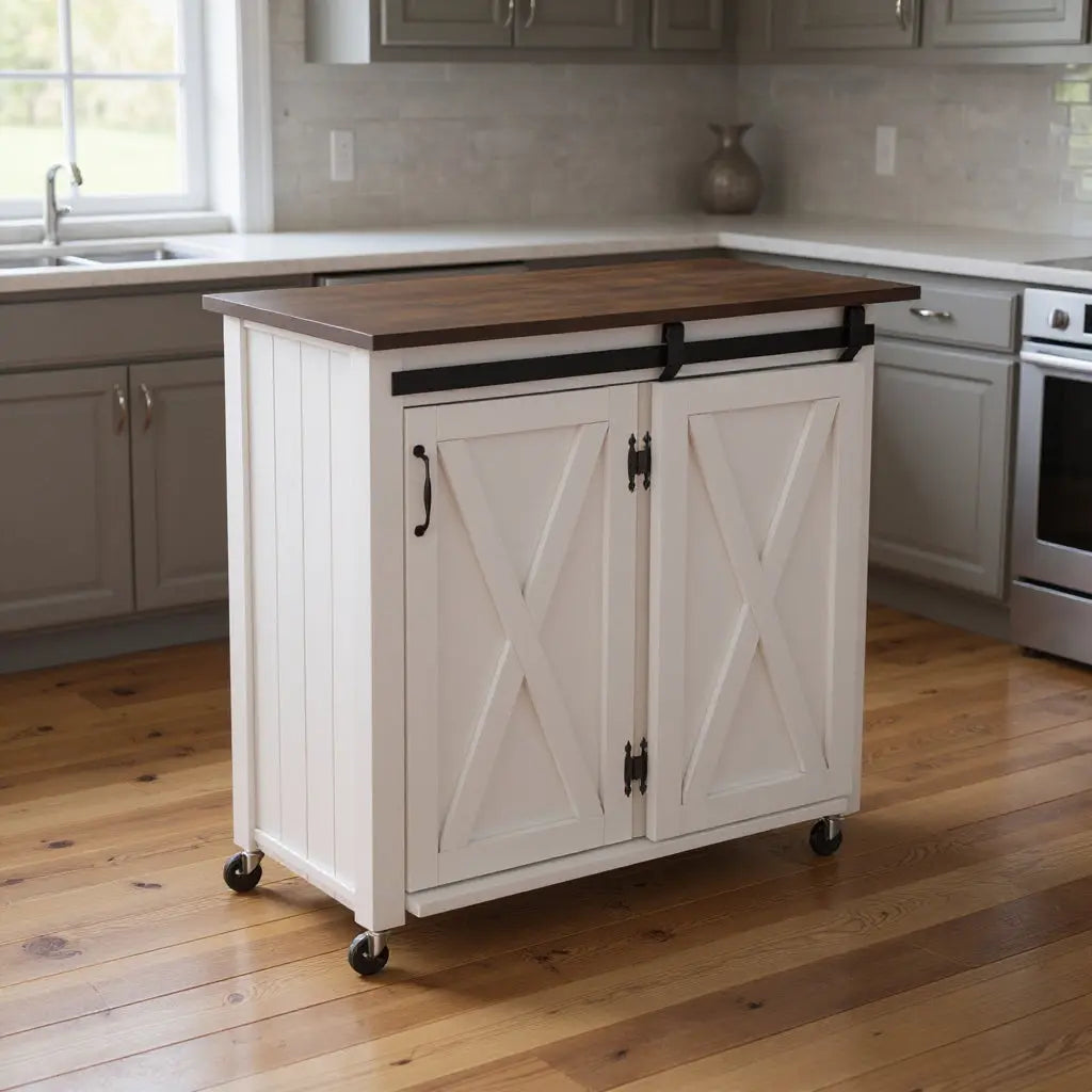 35" Dark Brown and White Wood Rolling Kitchen Cart Homeroots Kitchen & Dining