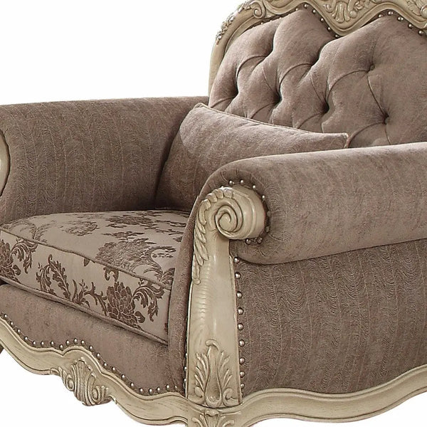 35" Gray and Antiqued White Fabric Floral Tufted Chesterfield Chair And Toss Pillow Homeroots Living Room