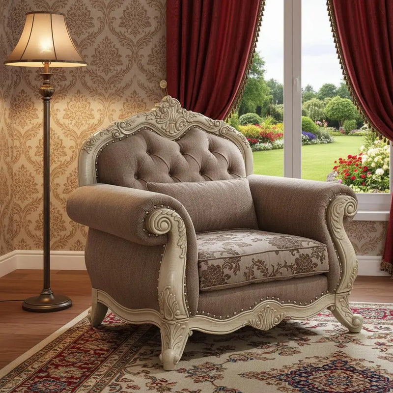 35" Gray and Antiqued White Fabric Floral Tufted Chesterfield Chair And Toss Pillow Homeroots Living Room