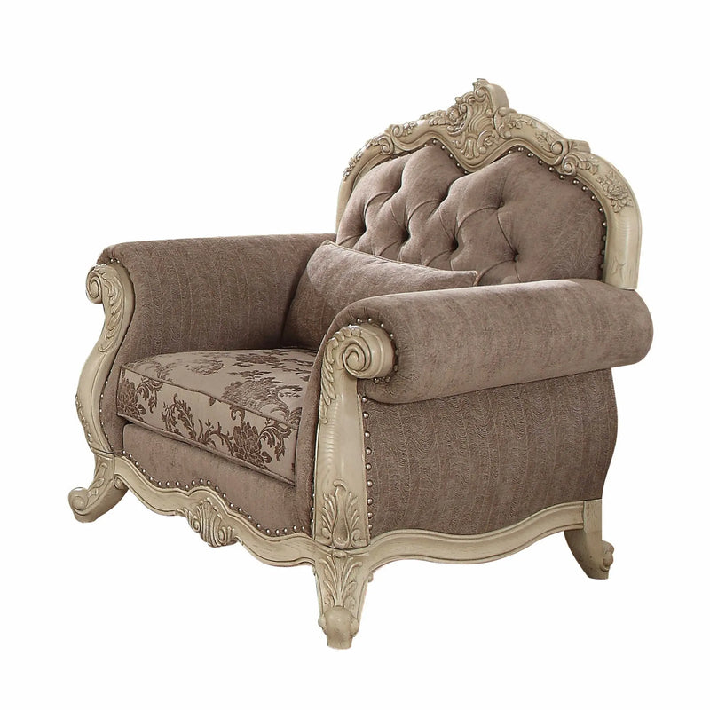 35" Gray and Antiqued White Fabric Floral Tufted Chesterfield Chair And Toss Pillow Homeroots Living Room