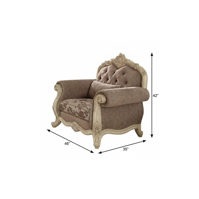 35" Gray and Antiqued White Fabric Floral Tufted Chesterfield Chair And Toss Pillow Homeroots Living Room