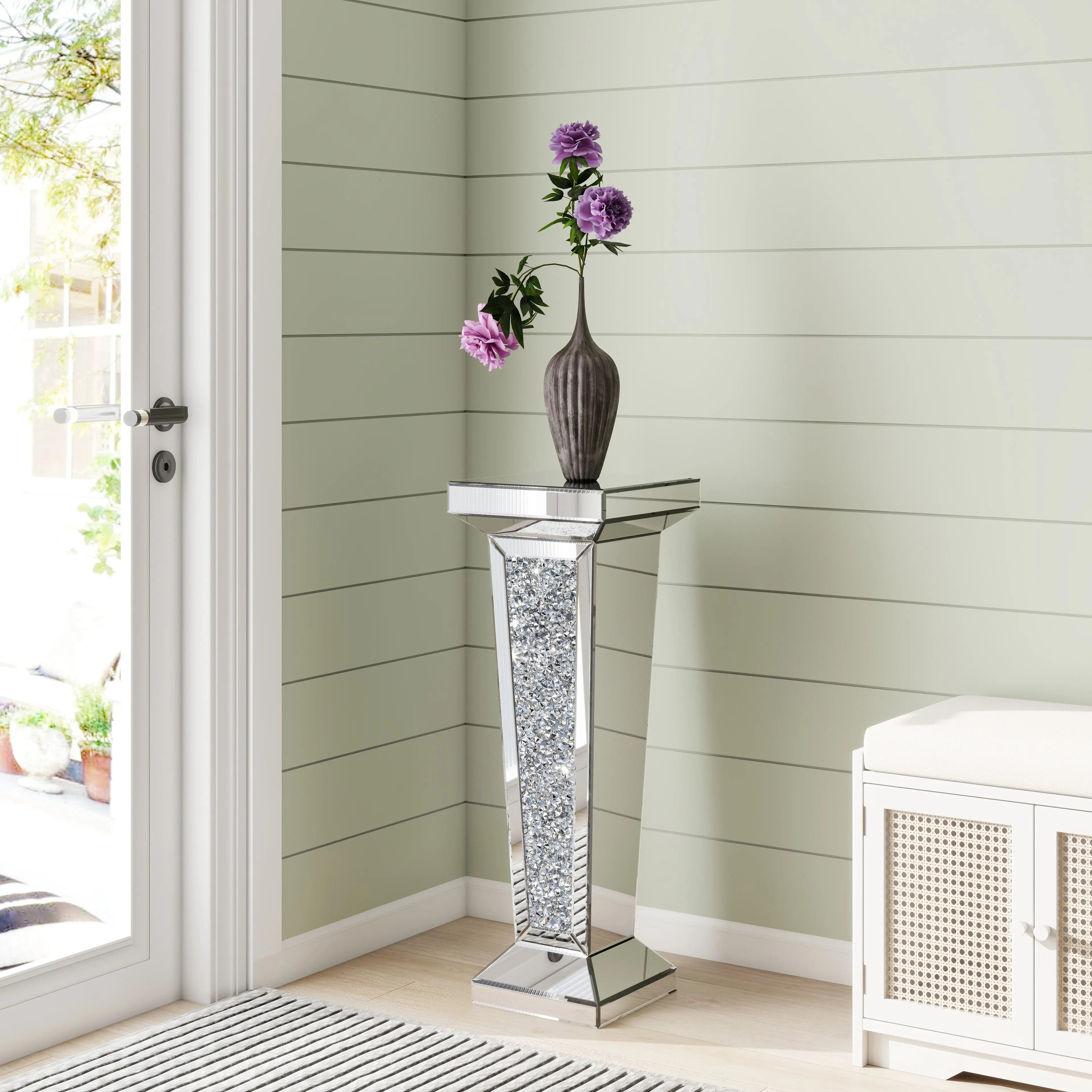 35" Silver Mirrored Glass And Faux Crystals Pedestal Accent Table Homeroots Living Room