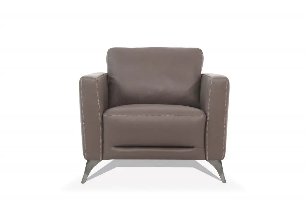 35" Taupe and Black Genuine Leather Arm Chair Homeroots Living Room