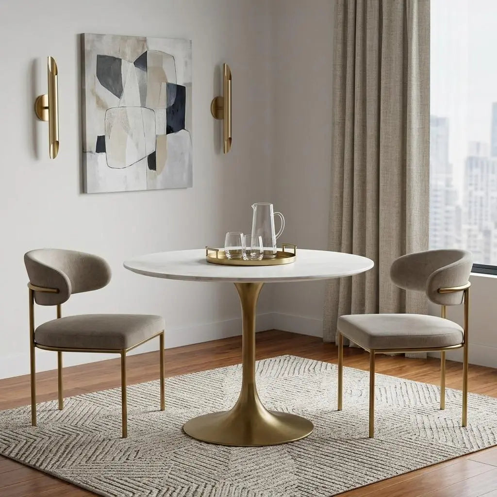 35" White And Gold Rounded Marble And Metal Dining Table Homeroots Kitchen & Dining