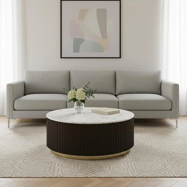 35" White Espresso and Gold Faux Marble Solid Wood and Steel Round Drum Coffee Table Homeroots Living Room