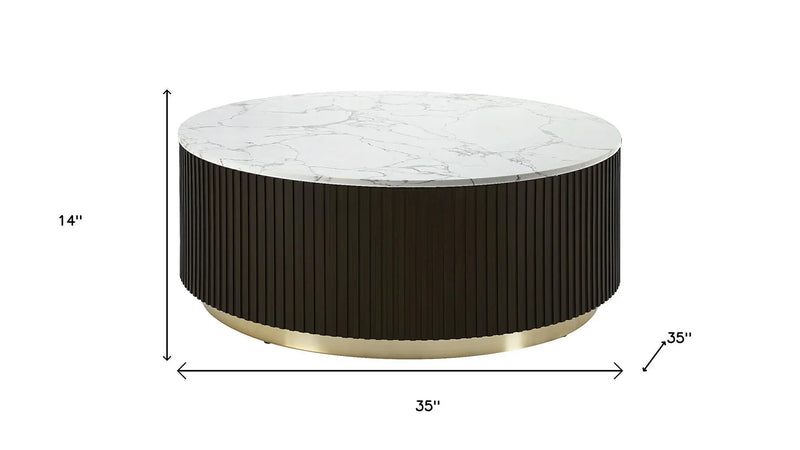 35" White Espresso and Gold Faux Marble Solid Wood and Steel Round Drum Coffee Table Homeroots Living Room