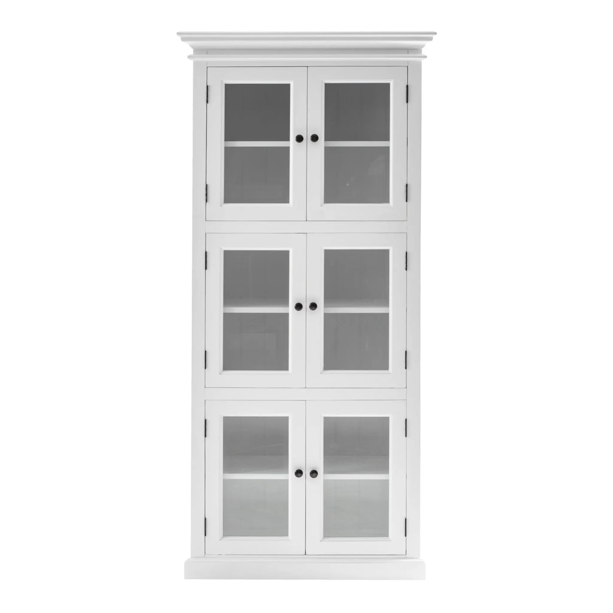 White wooden cabinet with glass doors, four sections, modern farmhouse style, perfect for storage and display.