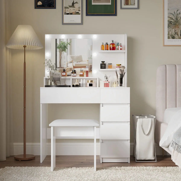 35" White Wood Five Drawer Vanity Table - GreatEagleInc