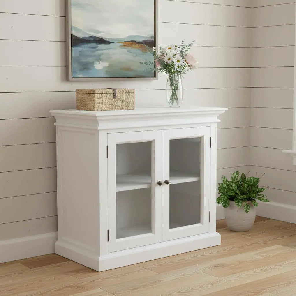 35" White Wood and Glass Two Door Accent Cabinet Homeroots Kitchen & Dining