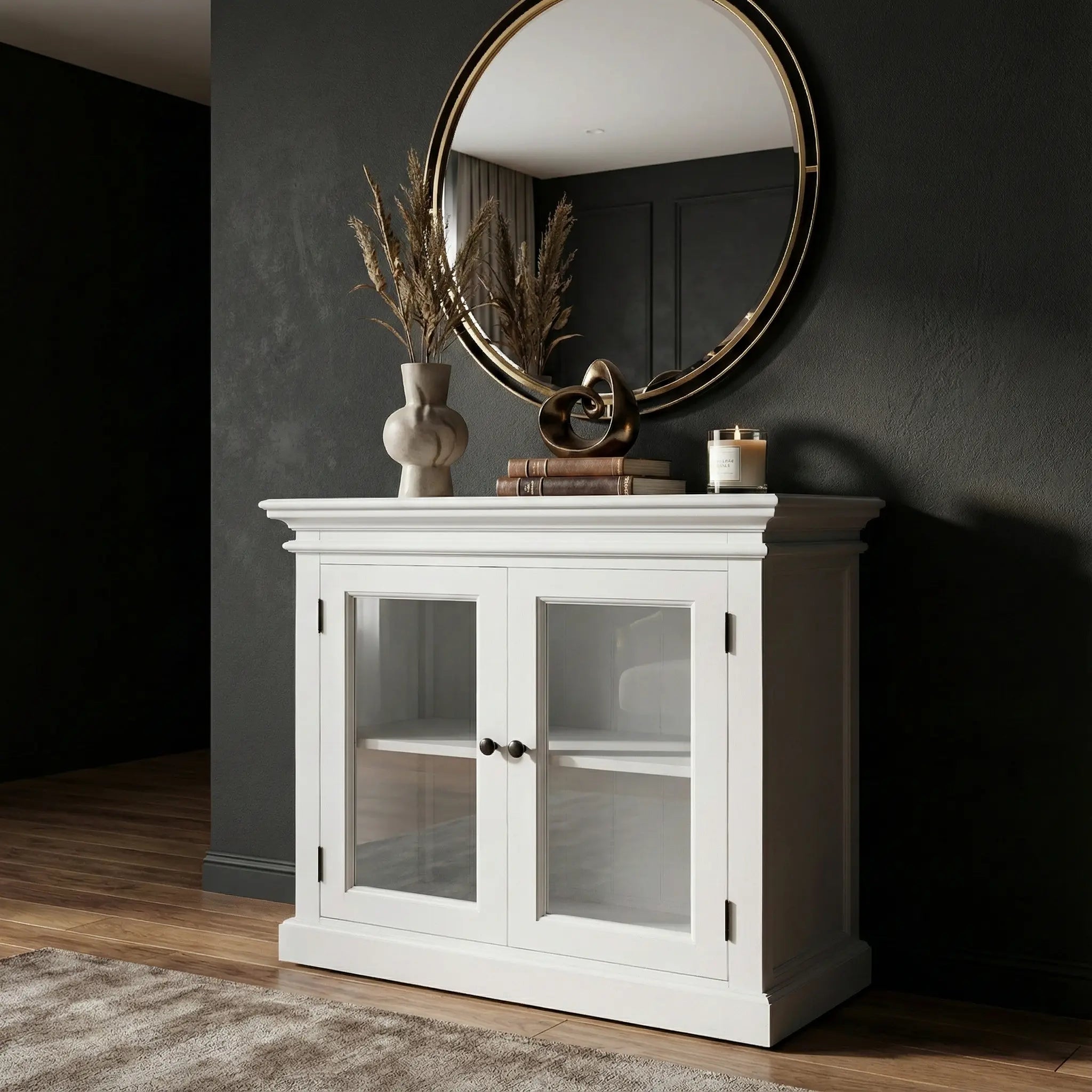35" White Wood and Glass Two Door Accent Cabinet Homeroots Kitchen & Dining