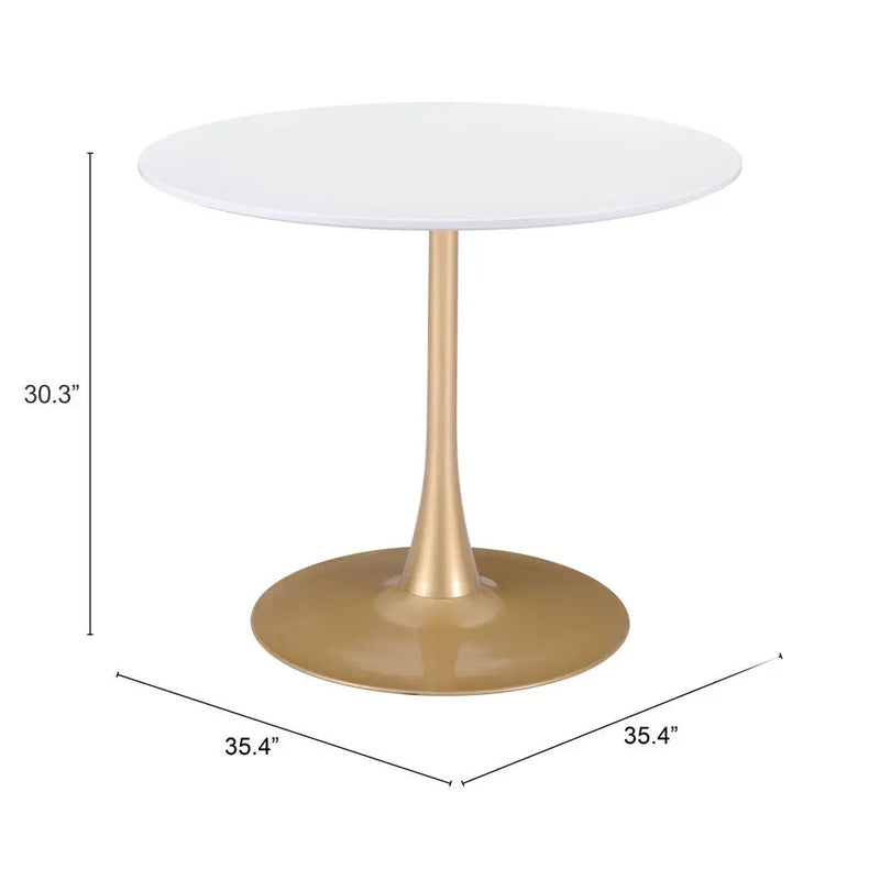 35" White And Gold Rounded Steel Pedestal Base Dining Table - GreatEagleInc