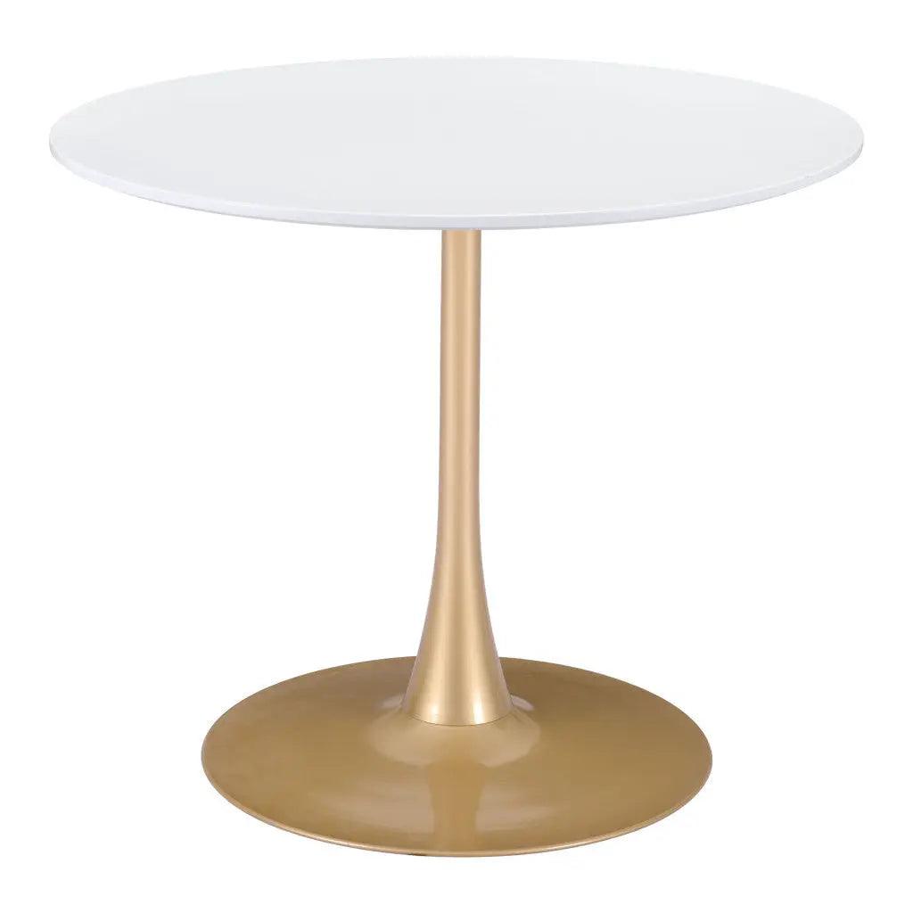 35" White And Gold Rounded Steel Pedestal Base Dining Table - GreatEagleInc