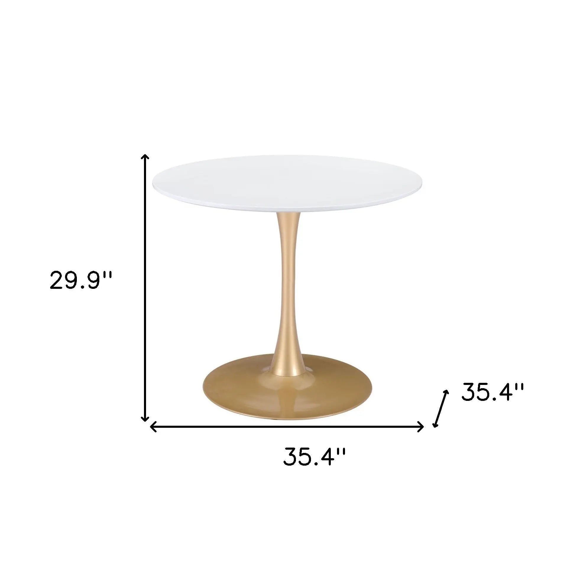 35" White And Gold Rounded Steel Pedestal Base Dining Table - GreatEagleInc