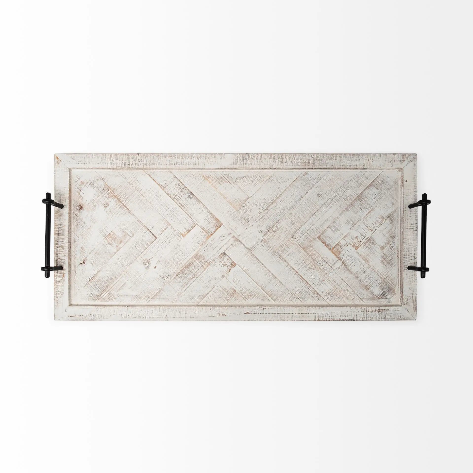 35" White and Natural Wood Indoor Outdoor Tray With Handles Homeroots Kitchen & Dining