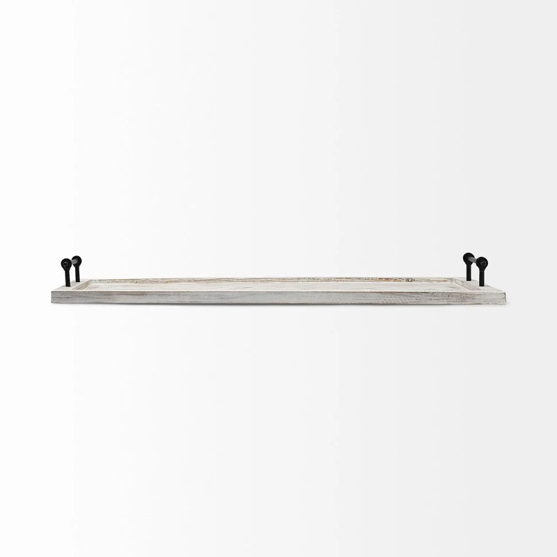 35" White and Natural Wood Indoor Outdoor Tray With Handles Homeroots Kitchen & Dining