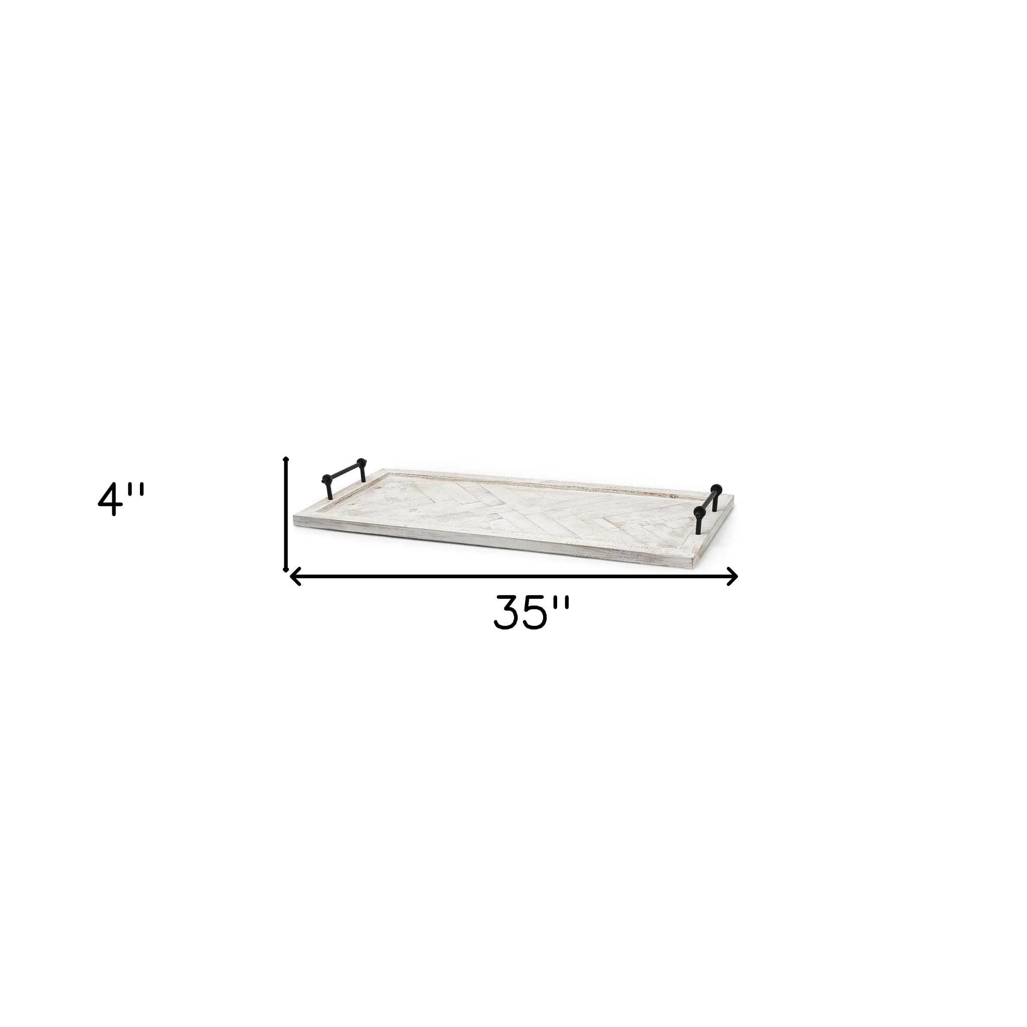 35" White and Natural Wood Indoor Outdoor Tray With Handles Homeroots Kitchen & Dining