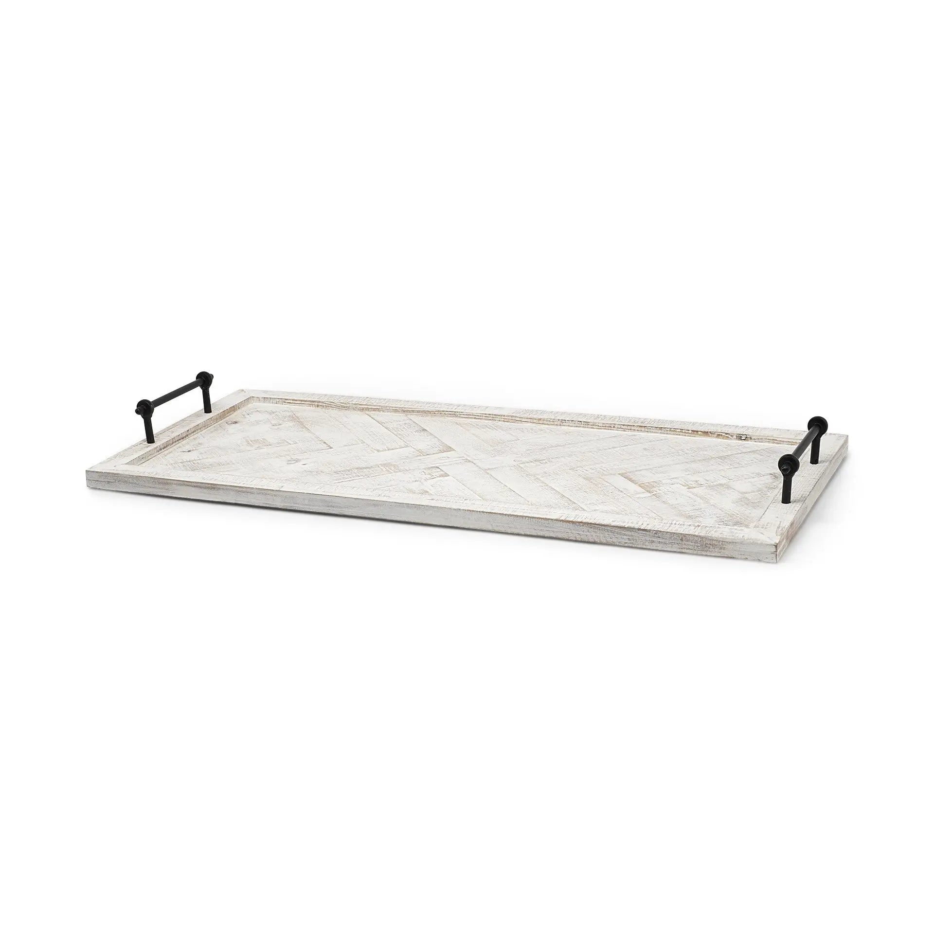 35" White and Natural Wood Indoor Outdoor Tray With Handles Homeroots Kitchen & Dining