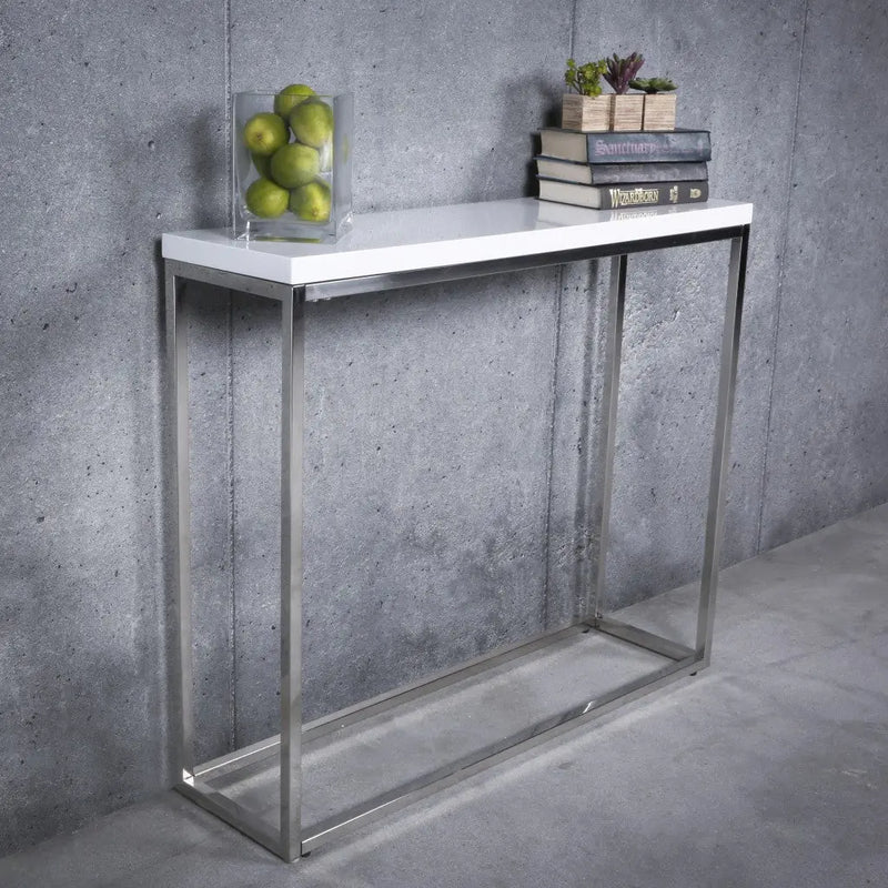 35" White and Silver Wood and Stainless Steel Frame Console Table Homeroots Living Room