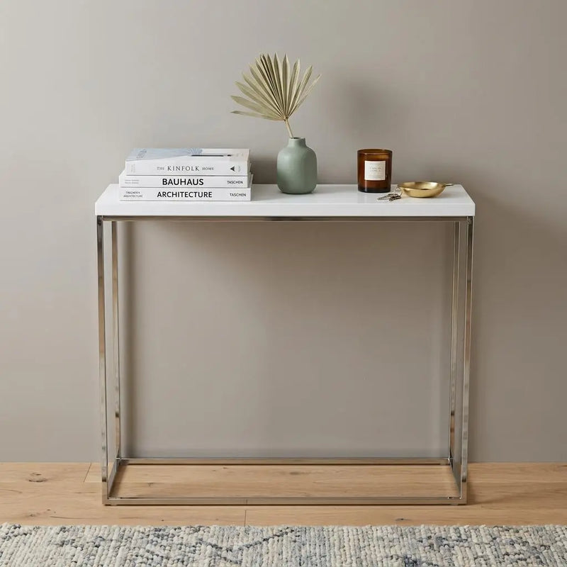 35" White and Silver Wood and Stainless Steel Frame Console Table Homeroots Living Room
