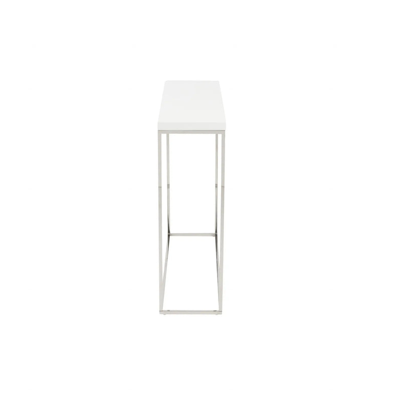 35" White and Silver Wood and Stainless Steel Frame Console Table Homeroots Living Room