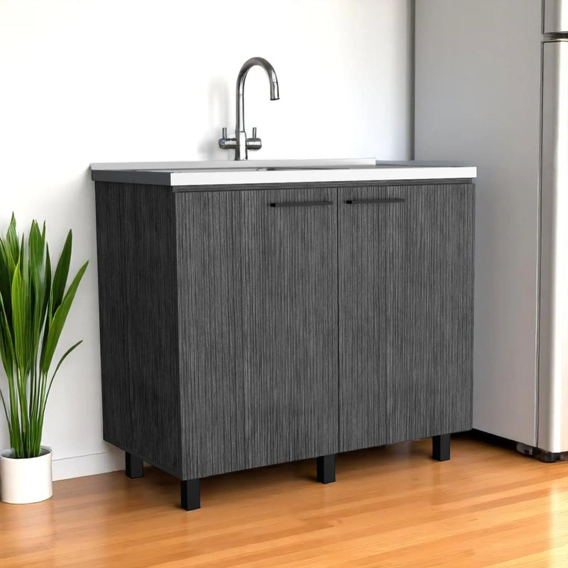 35" X 39" Gray And Silver Stainless Steel and Wood Utility Cabinet With Sink Homeroots Kitchen & Dining