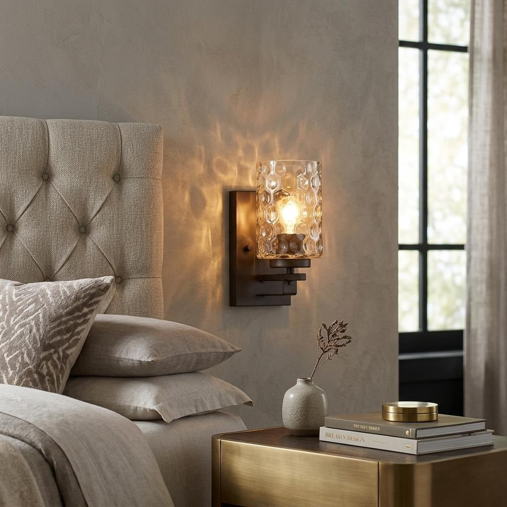 Bronze Metal and Pebbled Glass Wall Sconce - Lighting