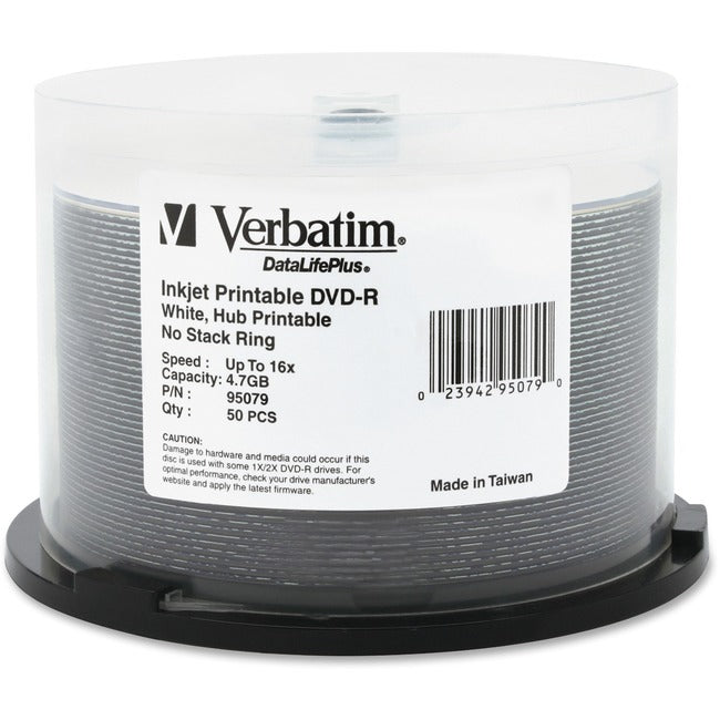 Verbatim DVD-R 4.7GB 16X DataLifePlus White Inkjet Printable, Hub Printable - 50pk Spindle - GreatEagleInc