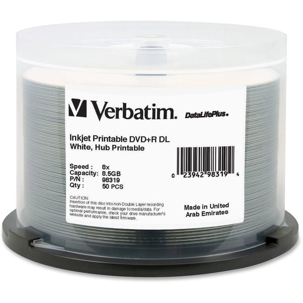 Verbatim DVD+R DL 8.5GB 8X DataLifePlus White InkJet Printable, Hub Printable - 50pk Spindle - GreatEagleInc