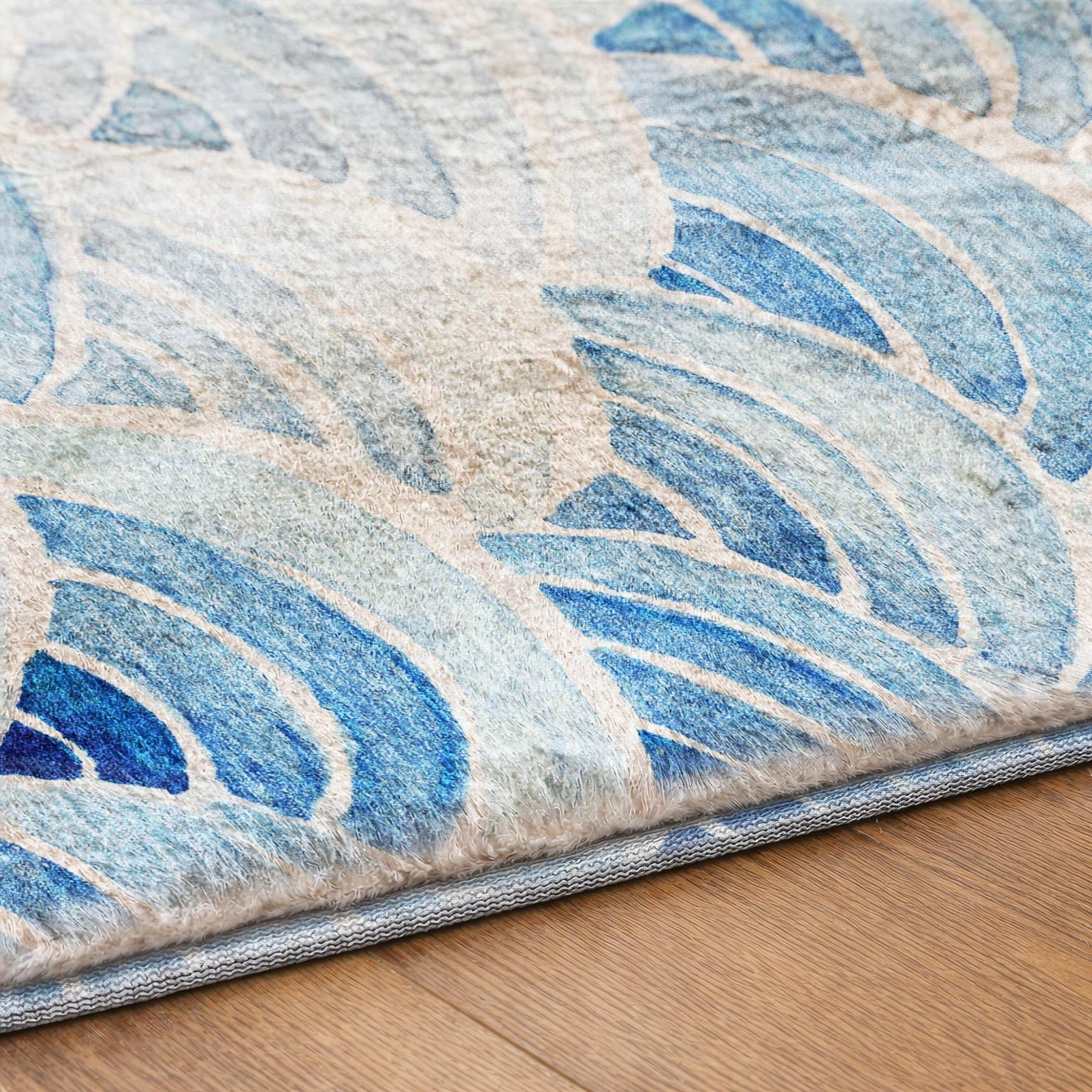 3' X 5' Blue And Denim Blue Geometric Shag Washable Area Rug With UV Protection - Home & Garden