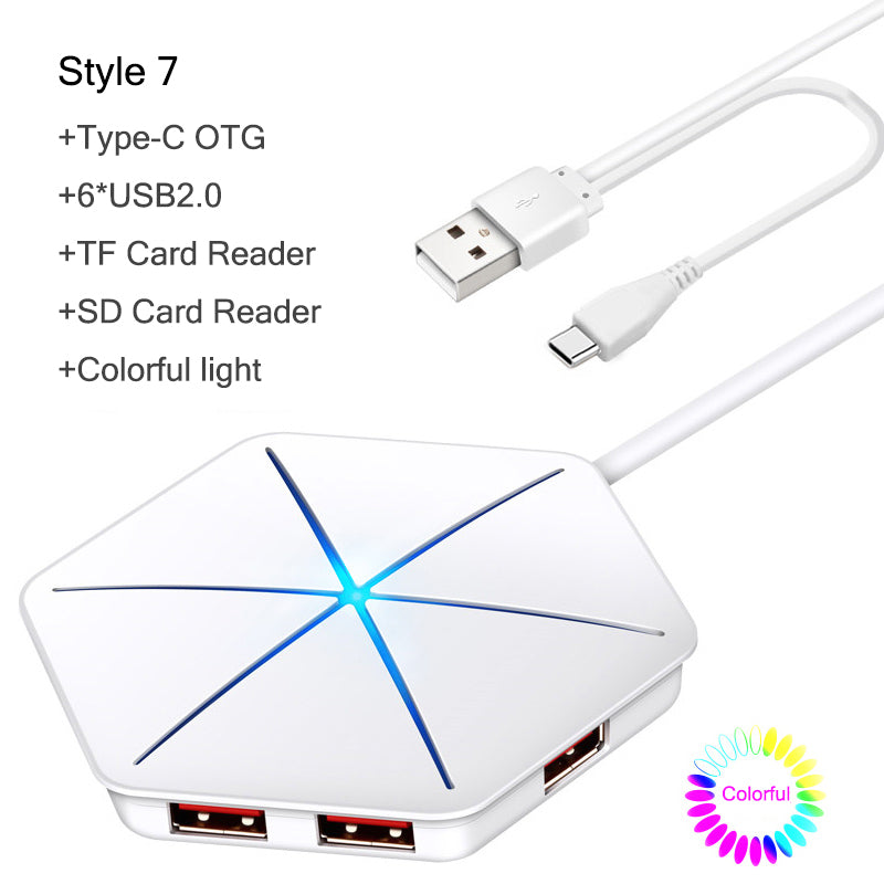 High Speed USB 3.0 2.0 HUB External 6 Port Usb Splitter with Micro Usb Interface SD TF Card Reader for Laptop PC Style 7 USB-C Reader
