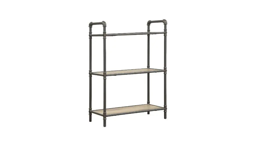 36" Antique Oak and Sandy Gray Metal Three Tier Standard Bookcase Homeroots Office
