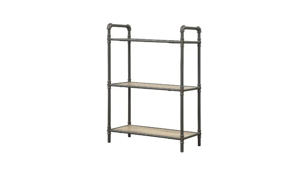 36" Antique Oak and Sandy Gray Metal Three Tier Standard Bookcase Homeroots Office