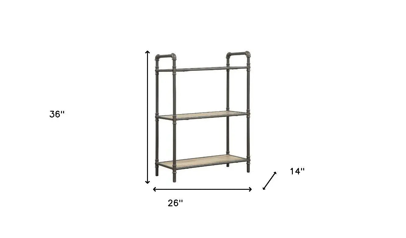 36" Antique Oak and Sandy Gray Metal Three Tier Standard Bookcase Homeroots Office