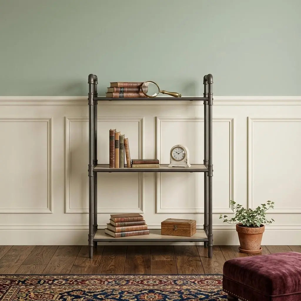 36" Antique Oak and Sandy Gray Metal Three Tier Standard Bookcase Homeroots Office