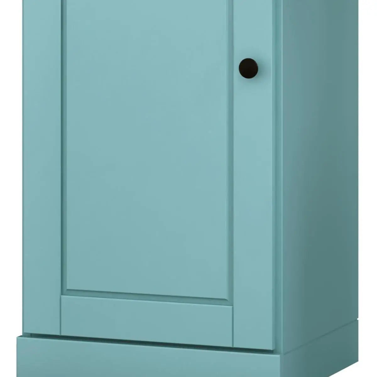 Light blue wooden cabinet with a single door and black knob, featuring a minimalist design for modern interiors.